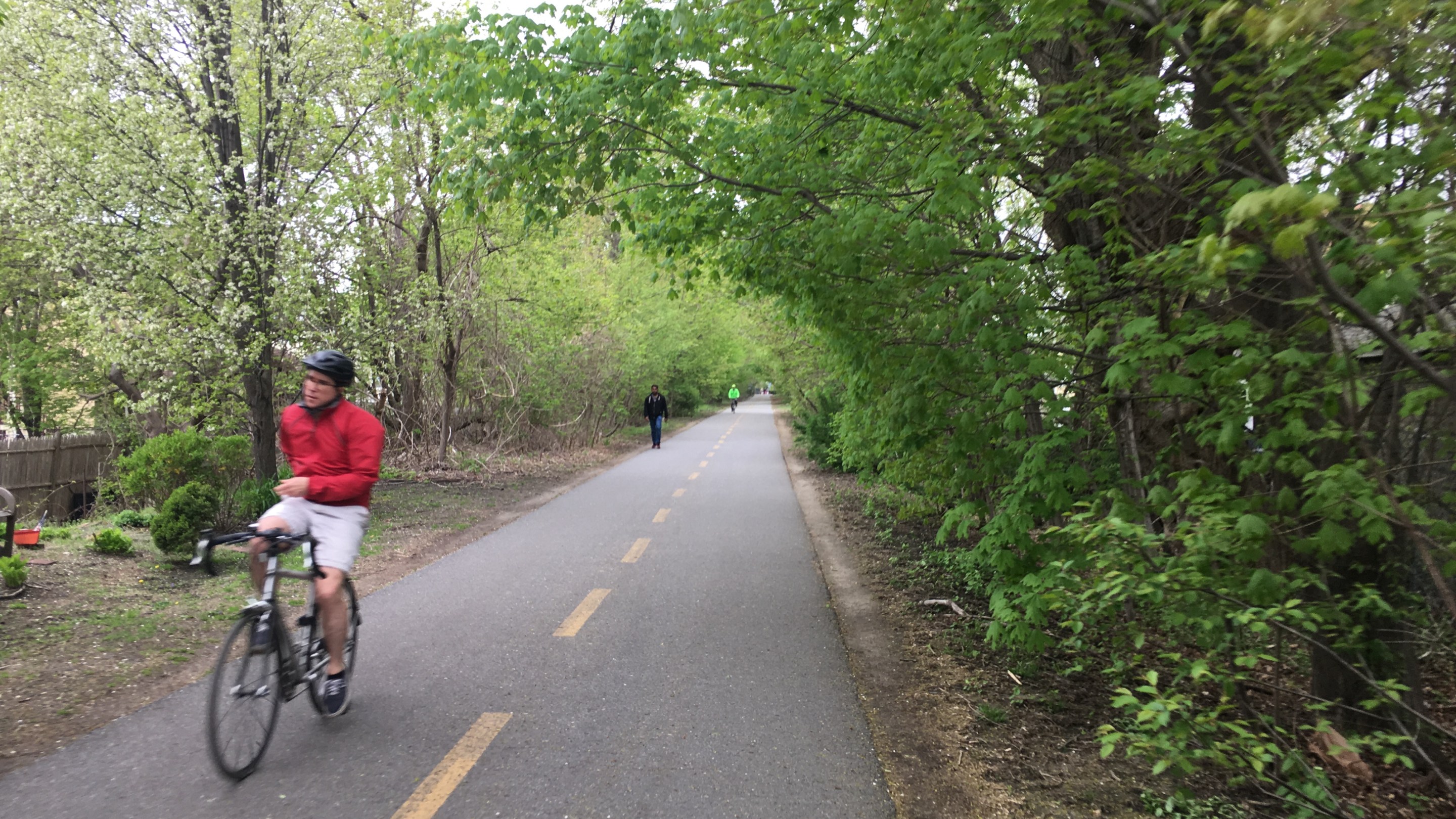 A person rides a bike along the Minuteman path in East Arlington.