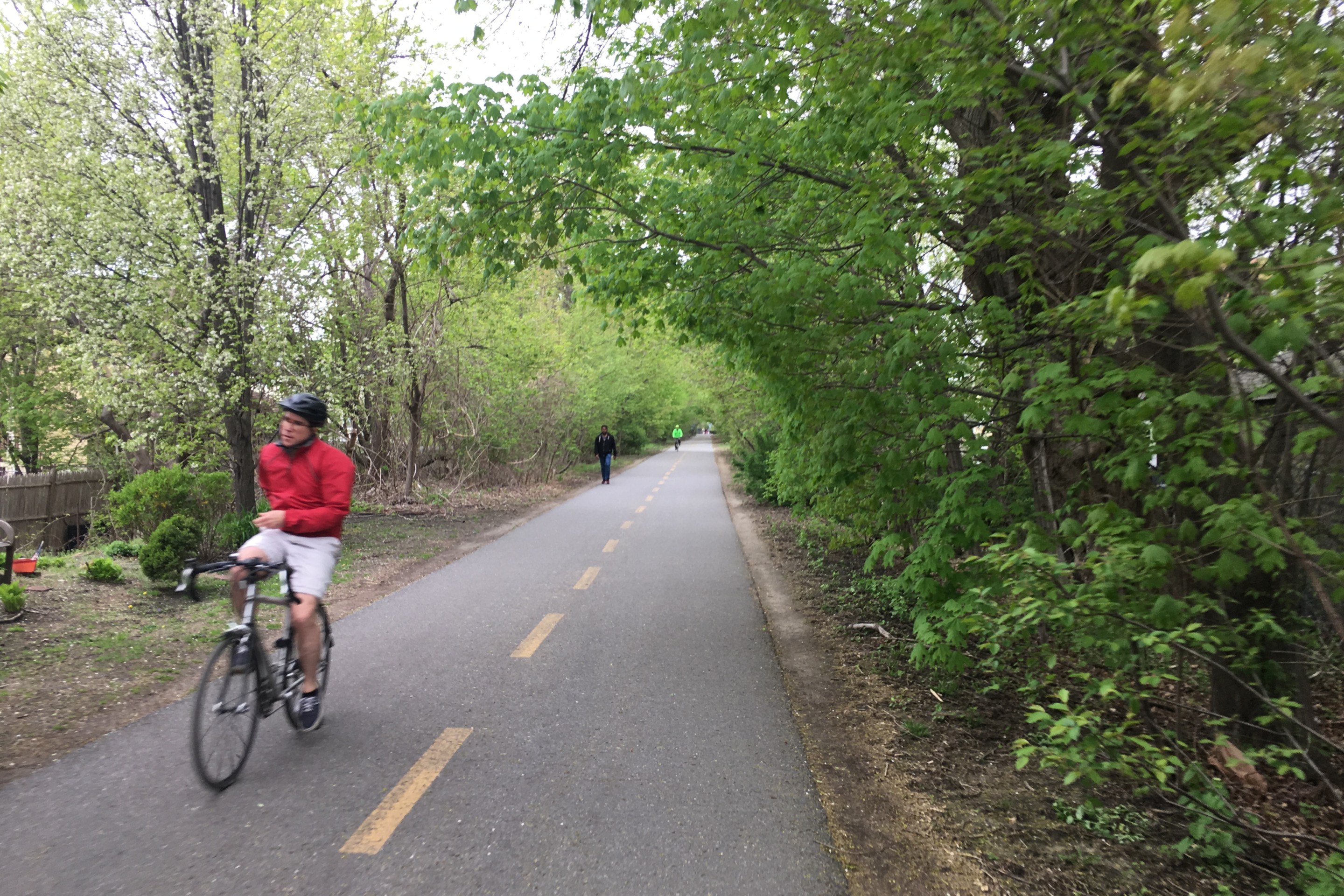 A person rides a bike along the Minuteman path in East Arlington.