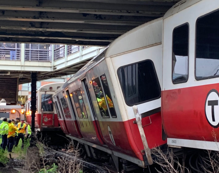 A derailed Red Line car blocks the tracks at the JFK/UMass station on June 11, 2019. The derailment destroyed signal equipment and is expected to disrupt service on the Red Line for most of the summer. Photo courtesy of the Boston Fire Department.