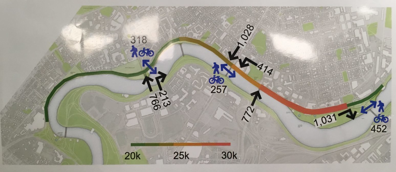 A presentation board showing typical weekday motor vehicle traffic volumes from the Department of Conservation and Recreation's second public meeting on rebuilding Memorial Drive in Cambridge, held on June 25, 2019.