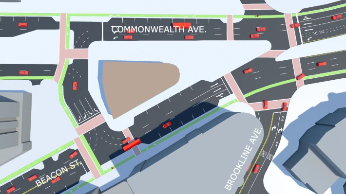 The proposed reconfiguration creates a new street to handle the square' westbound traffic on Beacon Street and eastbound traffic from Commonwealth Avenue, thus making room for additional public space and shorter pedestrian crossings in Kenmore Square. Courtesy of Cupola Media for Speck & Associates.