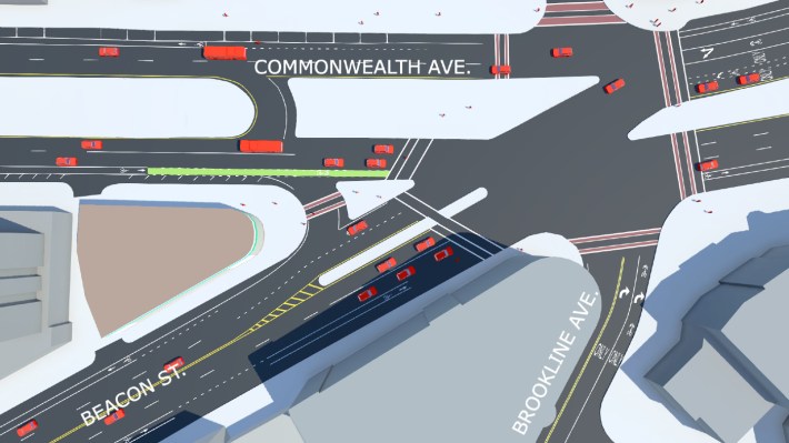 The current layout of Kenmore Square: Commonwealth Avenue runs east-to-west at the top of the diagram, and Beacon Street cutting diagonally from lower left to upper right. The Kenmore Square Green Line stop is just off the right edge of the diagram, and the developers' property is the brown flatiron building just left of center in the corner between Commonwealth Avenue and Beacon Street. Courtesy of Cupola Media for Speck & Associates.