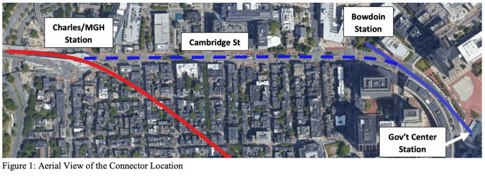 Connecting the Red and Blue lines would require a relatively short tunnel under Cambridge Street, and is expected to cost $200 to $250 million to build. Courtesy of MBTA.