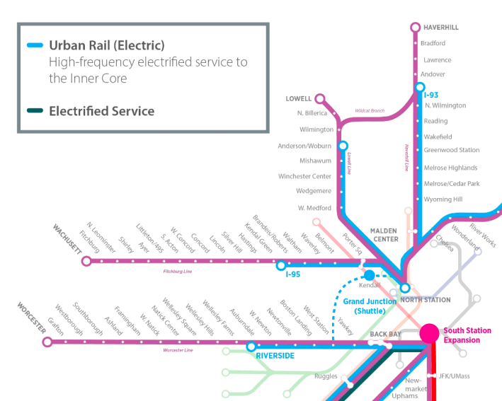 A segment of the MBTA's "Rail Vision" map (for service alternative 5) shows a Grand Junction rail shuttle running between North Station and a new West Station in Allston by way of Kendall Square. Courtesy of the MBTA.