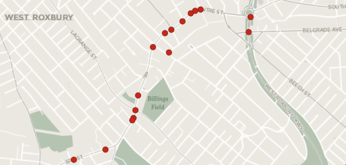 The city's Vision Zero crash data show a cluster of crashes that injured pedestrians along Centre Street in West Roxbury (data for 2016-2018 pictured). Courtesy of the City of Boston.