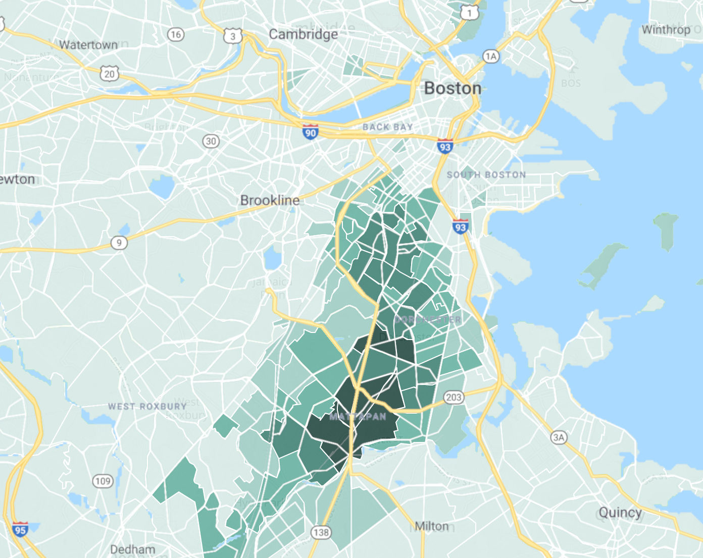 A map of the U.S. Census Bureau's estimated population density of black residents in the Boston area, courtesy of CensusReporter.org.