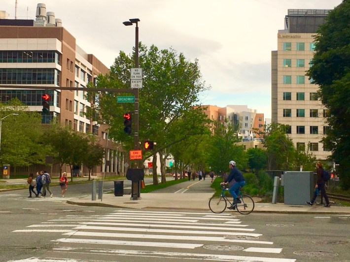 The "Grand Junction" rail line and Grand Junction Park, looking south from Broadway in Kendall Square, in June 2019. Plans are being made to extend this short section of trail all the way to the BU Bridge to the southwest and to the Somerville city line to the north.