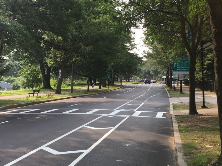 The Department of Conservation and Recreation (DCR) has painted new bike lanes on Fenway near Simmons University. The lanes have been criticized for their lack of physical protection, and for their poor design at intersections. Here, the southbound bike lane dead-ends in a right-turn-only lane at Avenue Louis Pasteur.