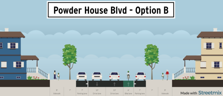 The City of Somerville's "option B" proposal for Powder House Boulevard would provide a climbing bike lane in one direction and a shared lane where cars and bikes would mix in the downhill sections of the street. Courtesy of the City of Somerville.