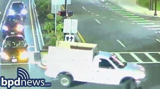 Police are searching for the driver of this white pickup truck, last seen in Everett, in connection to a fatal hit-and-run that killed a pedestrian near the Encore Casino Thursday night. Courtesy of the Boston Police Department.
