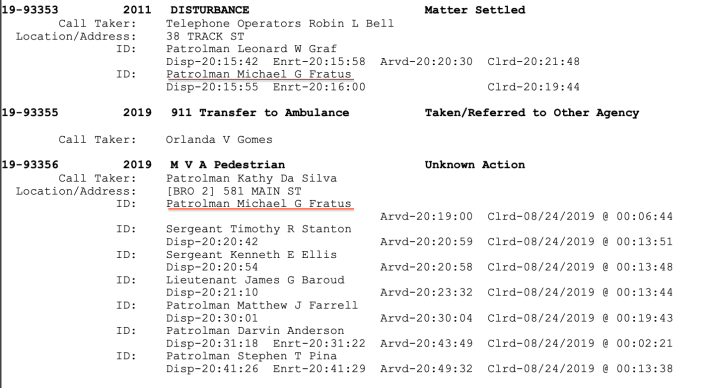 An excerpt from the Brockton Police call log on the evening of Friday, August 23, when a police officer struck and killed a pedestrian at 851 Main Street. Courtesy of the Brockton Police.