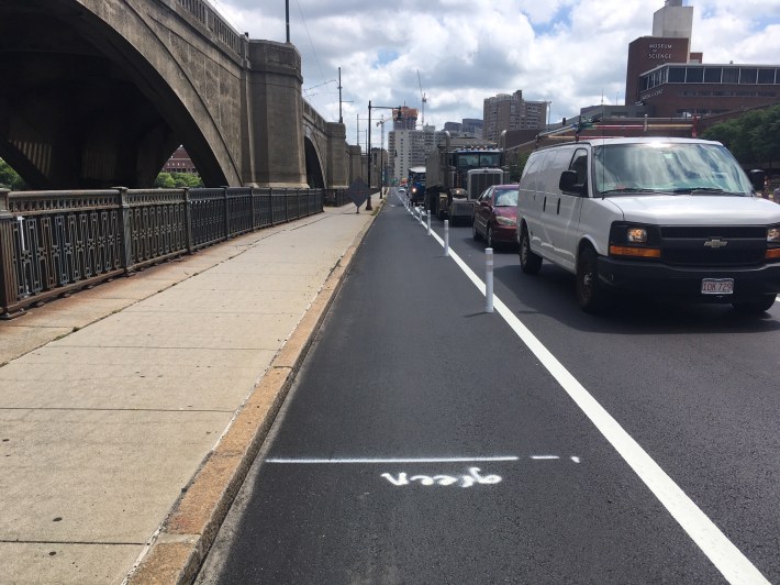 The new northbound Craigie Bridge bike lane, looking back towards Boston from Museum Way, photographed on Thursday, August 8, 2019.