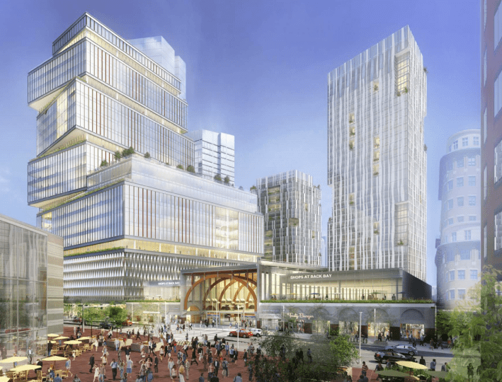 An architects' rendering of the proposed Back Bay/South End Gateway Project, which would add three towers above Back Bay Station between Dartmouth and Clarendon Streets. Courtesy of BPDA.