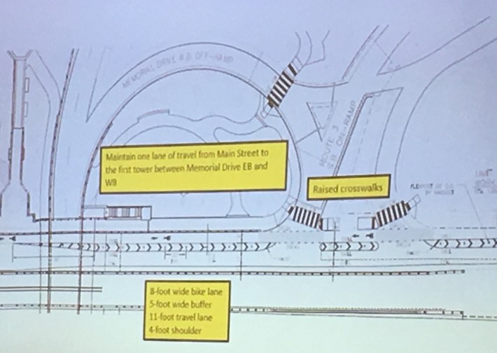 A sketch plan of enhancements to the eastbound approach to the Longfellow Bridge in Cambridge illustrates the state's plans to reduce space for motor vehicles in order to add a buffer to the existing bike lane and install raised crosswalks for pedestrians. Courtesy of MassDOT.