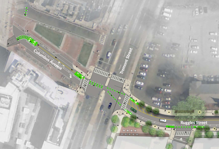 A plan view of the new Ruggles Street at Tremont, where cyclists will be able to access a new 2-way bikeway link to the Southwest Corridor path and the Ruggles Orange Line stop.  Courtesy of the City of Boston.
