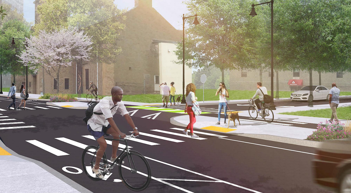 A rendering of the proposed Ruggles Street improvements illustrate new bike lanes, shortened, raised crosswalks, and increased sidewalk space for pedestrians and bus riders. The planned reconstruction project is scheduled to begin in 2020. Courtesy of the City of Boston.