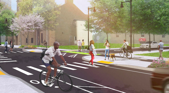 A rendering of the proposed Ruggles Street improvements illustrate new bike lanes, shortened, raised crosswalks, and increased sidewalk space for pedestrians and bus riders. The planned reconstruction project is scheduled to begin in 2020. Courtesy of the City of Boston.