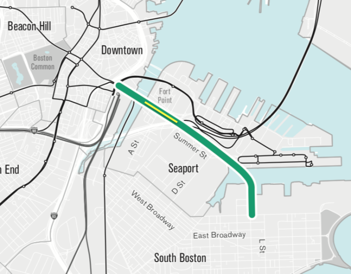 The route of the proposed Summer Street crosstown protected bike route, as envisioned in the GoBoston 2030 plan (page 175), would extend all the way from South Station to East 1st Street in South Boston. As of 2019, only a short section in Fort Point section (highlighted in yellow) has been completed.