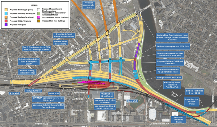 A plan view of the "Allston Multimodal Project" showing the project's major elements, including West Station, a realigned Massachusetts Turnpike and a new Paul Dudley White waterfront path. Courtesy of MassDOT.