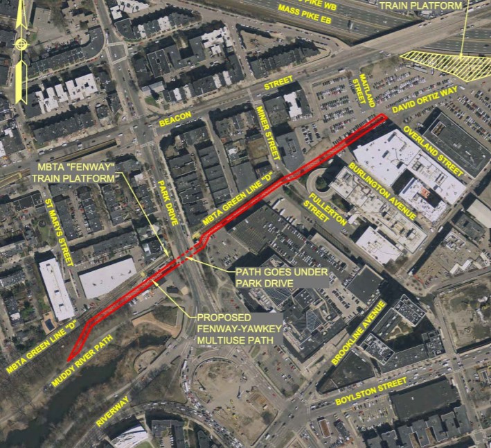 The proposed route of the Fenway "Greenlinks" project, which would extend the Muddy River multi-use path under Park Drive to the Landsdowne MBTA station near Kenmore Square. Courtesy of MassDOT.
