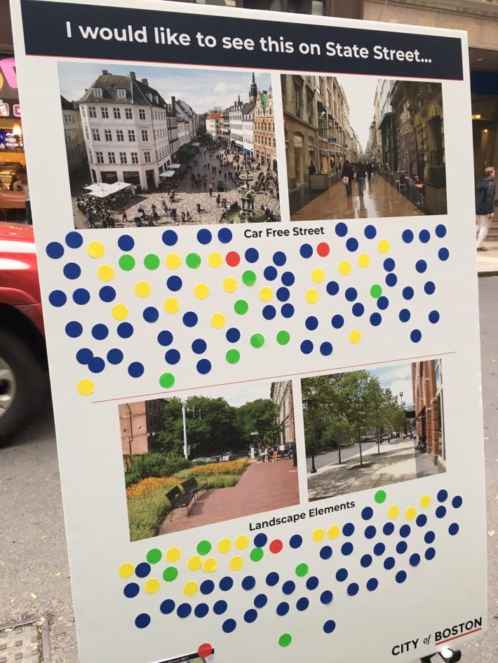 On Wednesday, Oct. 30, 2019, planners from the City of Boston asked passerby to vote for a range of potential street design elements as they plan for a reconstruction project on State Street in downtown Boston.