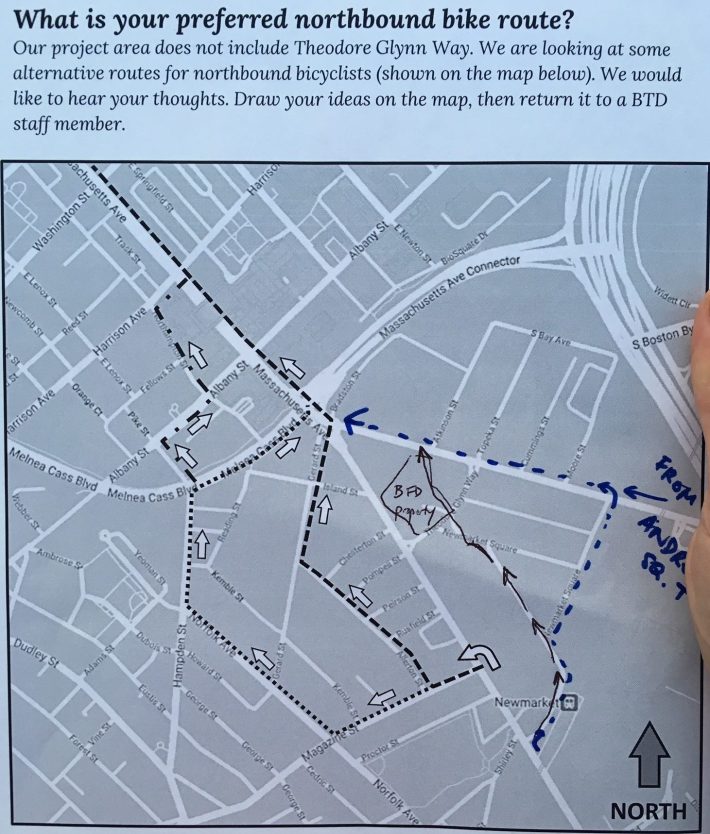 A flyer from the Boston Transportation Department shows alternative routes that planners are considering for northbound riders. Boston Transportaton Department staff said that the area's many curb cuts rule out a two-way or contraflow cycletrack facility on the short one-way section of Massachusetts Avenue between Theodore Glynn Way and Melnea Cass Blvd., but critics counter that an out-of-the-way detour through narrow side streets in an industrial zone is also an unsafe option.