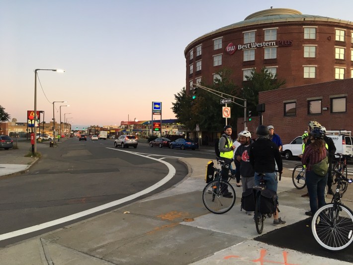 A view of Massachusetts Avenue looking southward from its intersection with Southampton Street on Sept. 18, 2019. The City of Boston is beginning outreach to plan a separated facility for cyclists on this section of Massachusetts Avenue, extending from this intersection to Edward Everett Square in Dorchester.
