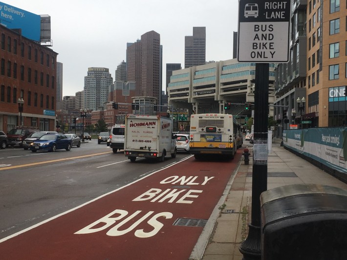 An MBTA Route 111 bus bound for Haymarket Station uses the new inbound bus lane on North Washington Street on October 9, 2019.