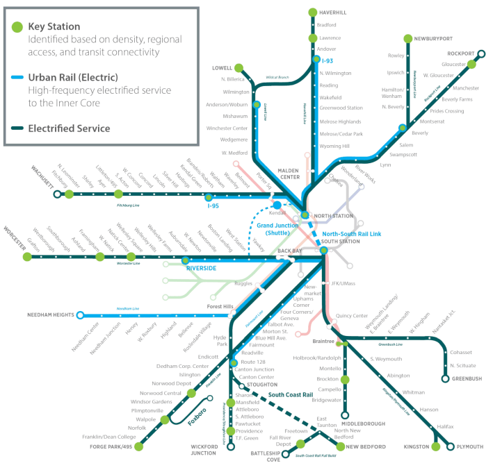 An illustration of the "full transformation" alternative being analyzed under the MBTA's "Rail Vision" planning process. In this alternative, the T would offer all-day service every 15 minutes thoughout the system, build a new rail tunnel to connect North and South Stations, and attract a forecasted 122,400 additional daily transit trips. This option is also the most expensive alternative under consideration, with an estimated up-front capital cost of $28.9 billion. Courtesy of the MTBA.