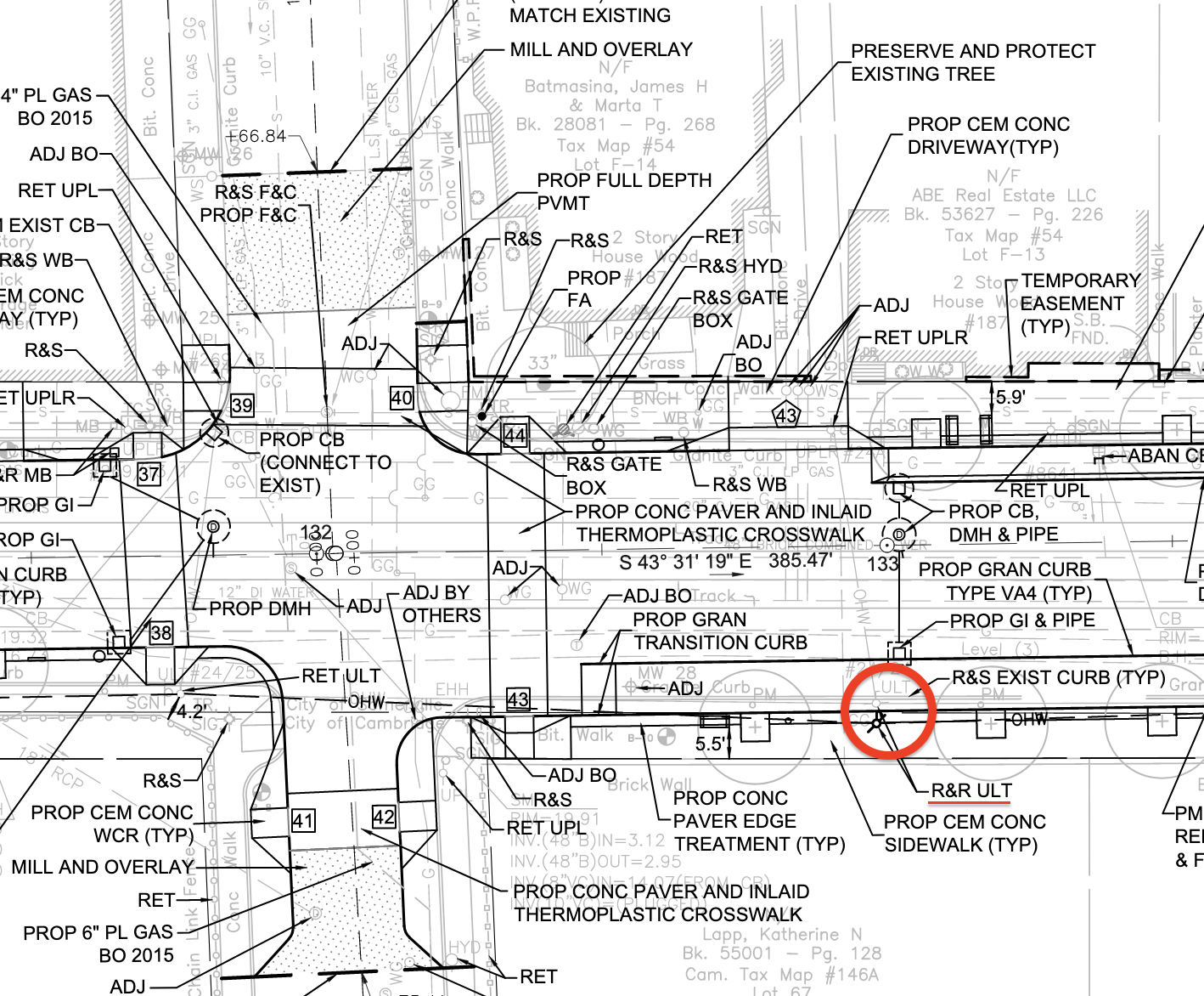 A detail from construction plans posted on the City of Somerville website highlights the former location (in gray) and planned location (in black) for an Eversource utility pole that blocked a newly-built bike lane on Beacon Street earlier this summer ("R&R ULT" is an abbreviation for "relocate and reset utility pole").