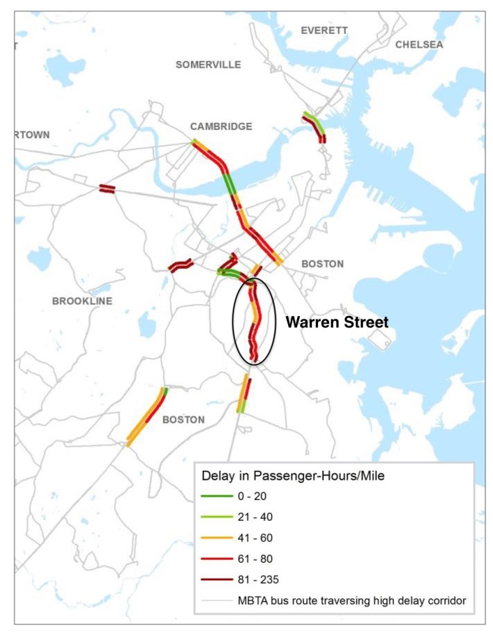 A map of the region's bus routes with the highest rates of delay from traffic congestion, with Warren Street highlighted. Courtesy of the Boston Region Metropolitan Planning Organization.