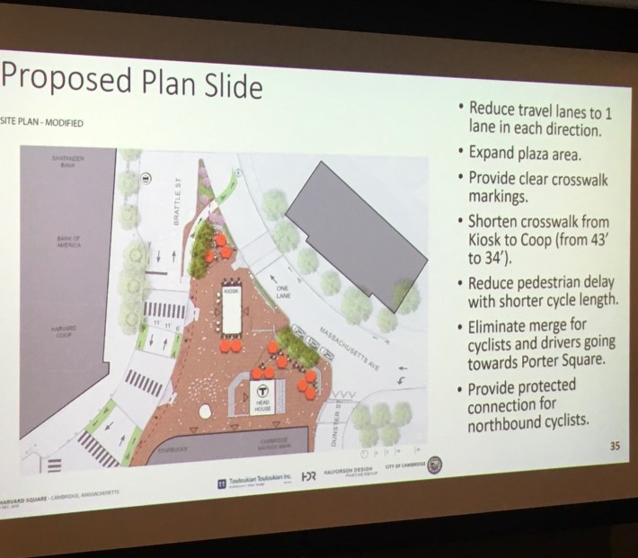 A sketch of the City of Cambridge's proposed plans for the Harvard Square plaza, presented in a public meeting on Thursday, Dec. 5, 2019, would remove car lanes from both Brattle Street and Massachusetts Avenue.