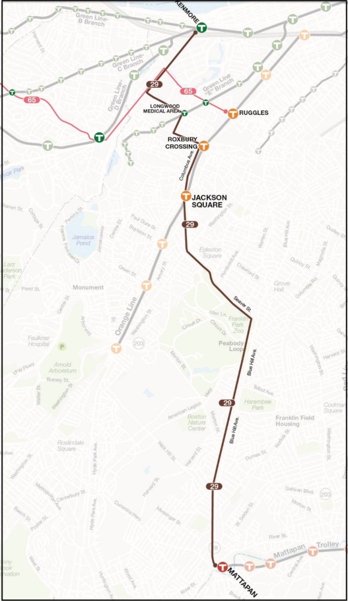 A City of Boston proposal for the MBTA's "Better Bus Project" would extend the 29 bus from its current terminus at Jackson Square into the Longwood Medical Area, and move the eastern terminus of the Allston/Brighton 65 bus to Ruggles station. Courtesy of the MBTA.