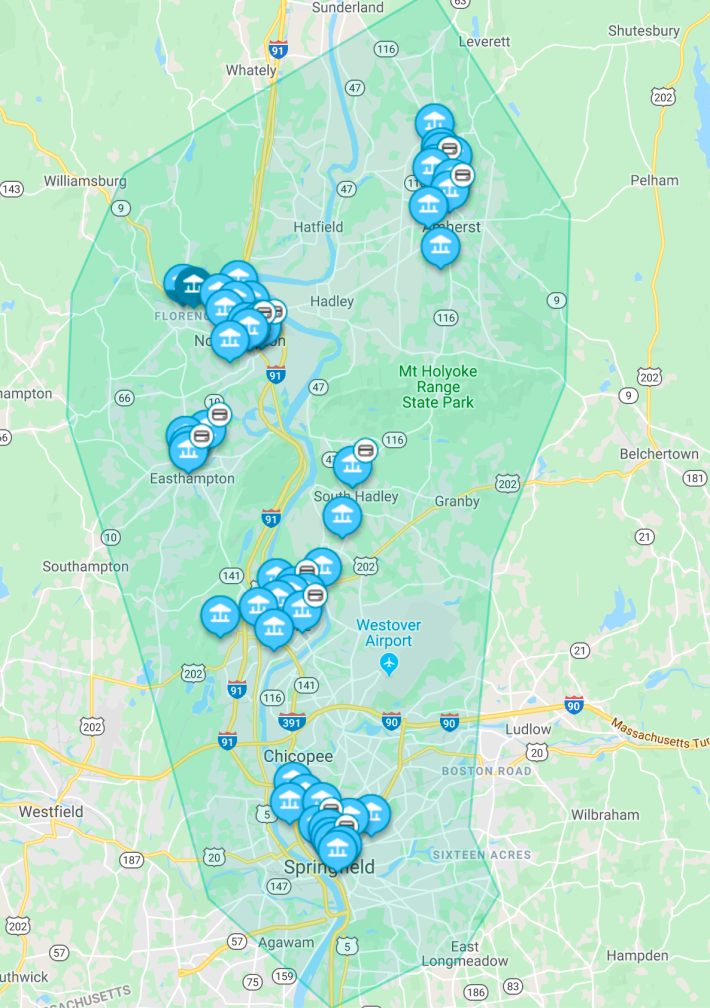 A map of the ValleyBike stations and its service area in the Pioneer Valley as of 2019.