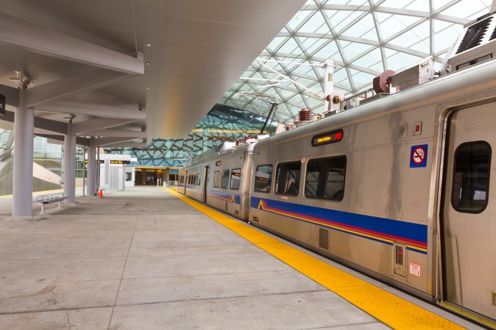 Denver's A Line, which opened in 2016, is an electrified rail line that runs every 15 minutes between the airport and downtown Denver. The MBTA hopes to electrify three of its commuter rail lines to provide a similar level of service to Lynn, Providence, and Mattapan. Photo copyright: Denver RTD.