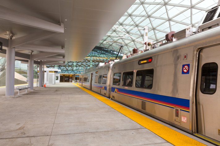 Denver's A Line, which opened in 2016, is an electrified commuter rail line that runs every 15 minutes between the airport and downtown Denver. The MBTA hopes to electrify three of its commuter rail lines to provide a similar level of service to Lynn, Providence, and Mattapan. Photo courtesy of Denver RTD.