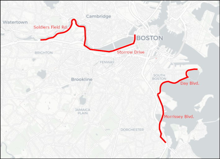Under Governor Baker's 2021 budget proposal, four Boston waterfront "parkways" would be transferred from the state Department of Conservation and Recreation to the MassDOT.