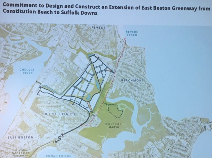 New bike infrastructure proposed by HYM Investment Group as part of their massive redevelopment of the Suffolk Downs racetrack in East Boston and Revere. The developers would extend the East Boston Greenway from Constitution Beach into the development, and also add cycletracks to several streets inside the development and to Winthrop Avenue along the site's northern edge.