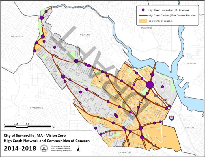 A map of "high-crash" locations in Somerville from the city's draft Vision Zero action plan. "Communities of concern" indicate neighborhoods with high proportions of people of color, or low-income households, or households with limited English language proficiency. Courtesy of the City of Somerville.