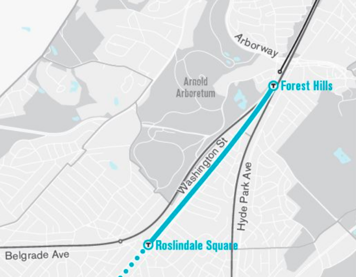 A map of the proposed Washington Street rapid bus corridor from the GoBoston 2030 action plan. Courtesy of the City of Boston.
