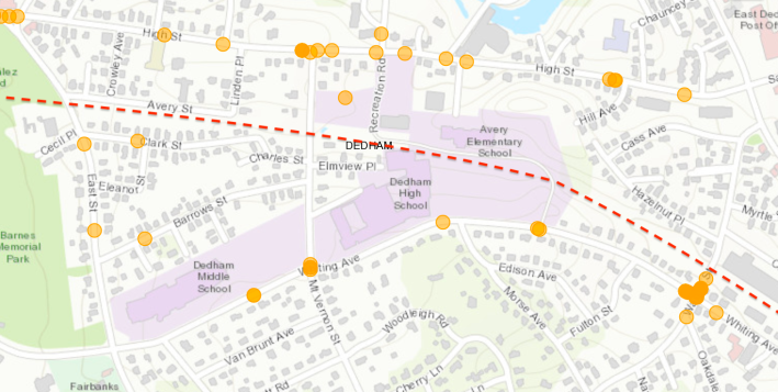 Crash data from MassDOT shows clusters of crashes on High Street and Whiting Avenue, the main access points to three of Dedham's public schools. The corridor for the proposed Dedham Heritage Rail Trail is highlighted in red. Courtesy of MassDOT.