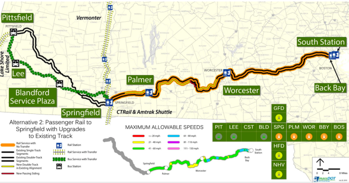 A map of track improvements associated with the lower-cost "alternative 2" option of MassDOT's East-West Corridor Study. Courtesy of MassDOT.