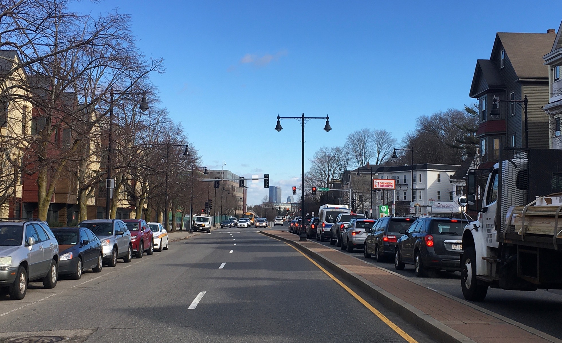 Morning view of Hyde Park Avenue in Forest Hills, Boston.