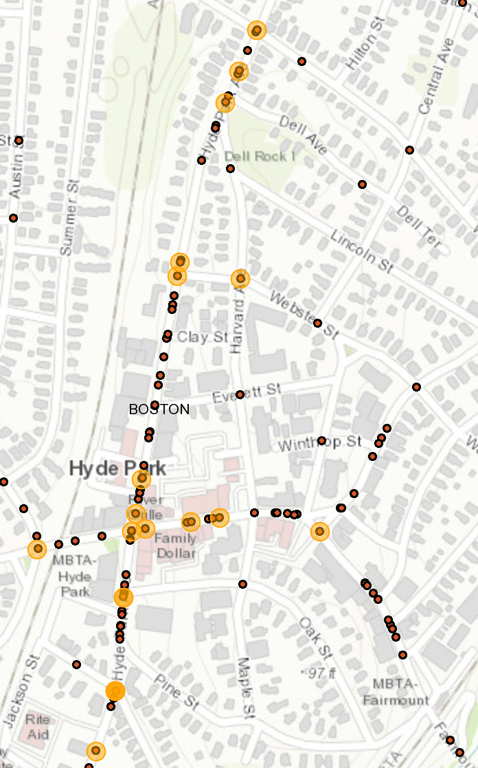A map of reported crashes in the heart of Boston's Hyde Park neighborhood from the MassDOT's crash database, which includes data from January 2017 to January 2020. Injury-causing crashes are highlighted in orange. Hyde Park Avenue is the main north-south street in the center of the map.