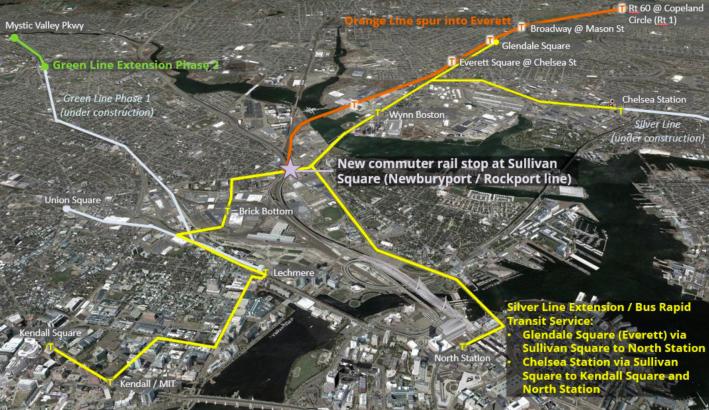 Transit improvements analyzed in the Lower Mystic Regional Working Group's 2019 transportation study, which recommended two extensions (highlighted in yellow) of the Silver Line from its current terminus in Chelsea. Courtesy of the Lower Mystic Regional Working Group.