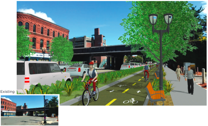 A rendering of an on-street protected bikeway and widened sidewalk on Market Street in Lynn - part of a planned project to extend the Northern Strand Community Path through downtown Lynn to the city's waterfront at Nahant Beach. Courtesy of the City of Lynn's 2019 Walking and Bicycling Network Plan.