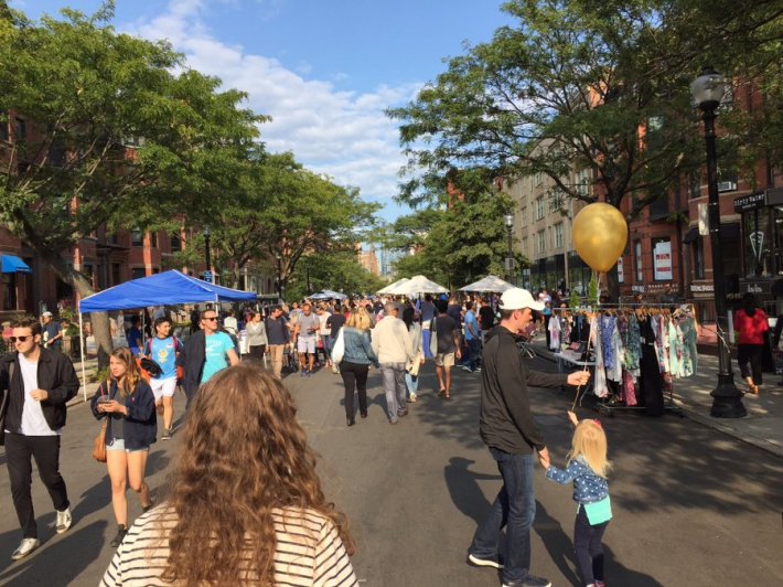 Bostonians enjoy a car-free Newbury Street for an Open Newbury event in September 2017. Photo courtesy of the LivableStreets Alliance.