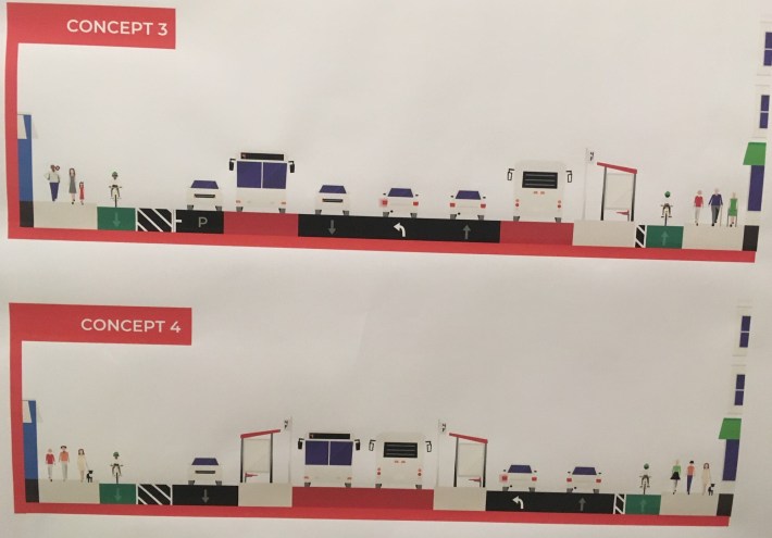 The City of Boston is examining two concepts for new bus lanes and bike lanes on Blue Hill Avenue between Grove Hall and Mattapan. One option (labelled here as "option 3") would put bus lanes on the edges of the roadway, between parked cars and the moving vehicle lanes. The other option (labelled here as "option 4") would put buses and stations in the middle of the roadway, keeping parked and moving cars on the edges, similar to Somerville's new Broadway bus corridor in the Winter Hill neighborhood. Courtesy of the City of Boston.