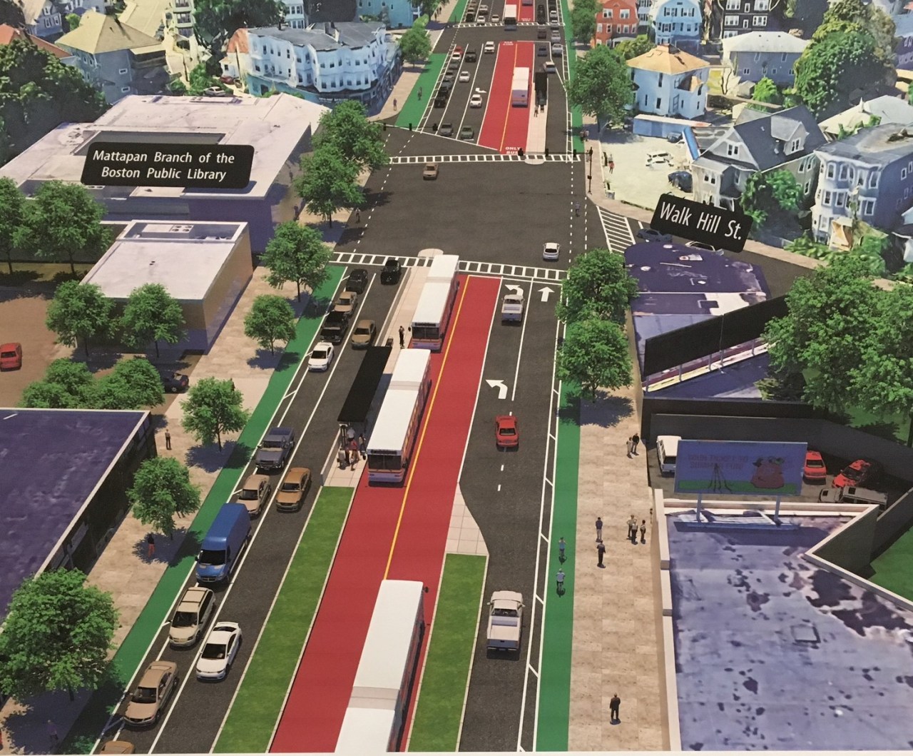 A City of Boston rendering illustrates the center-running bus lane concept for Blue Hill Avenue near Walk Hill Street. Under the plan, bus lanes and dedicated stations would run in the middle of the street, away from double-parked cars and turning vehicles. Pedestrian crossings would also be significantly shorter. Courtesy of the City of Boston.