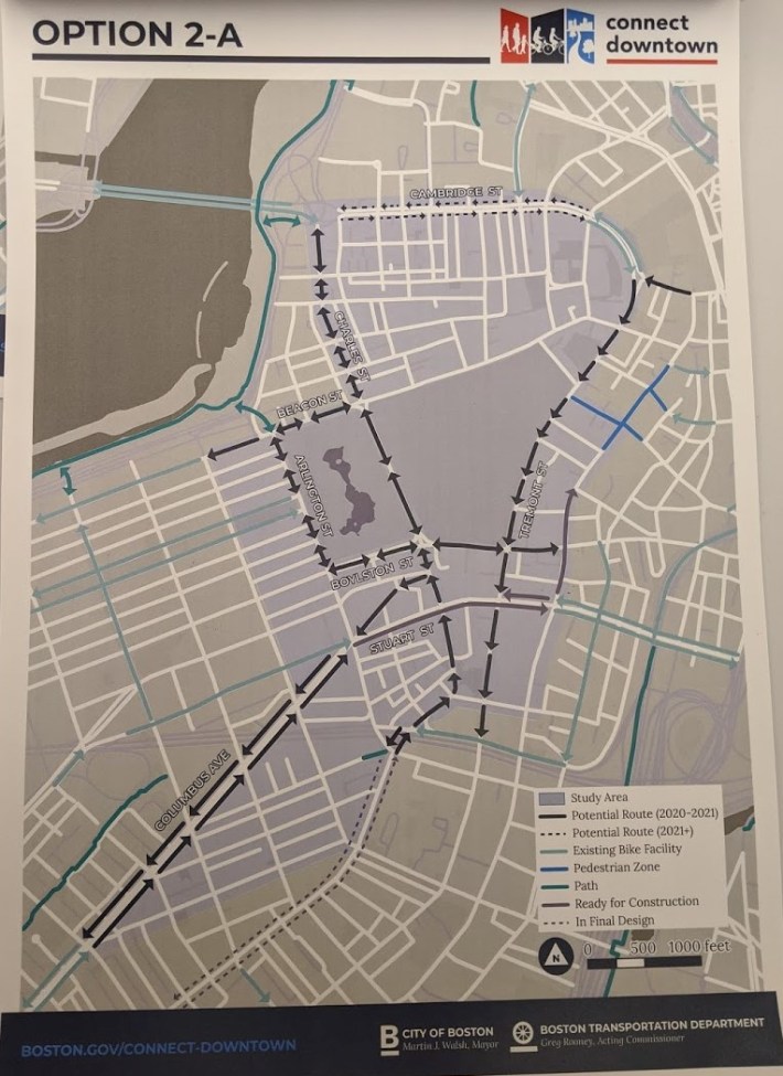 A map illustrates one of 11 design options under analysis for the "Connect Downtown" project to improve bike and pedestrian connections into and across downtown Boston. Option 2-A would create a separated, bi-directional bike facility on Charles Street to link the Longfellow Bridge and Paul Dudley White paths to downtown Boston and on-street bikeways in the South End. Map courtesy of the City of Boston; photo by Elena Huisman.